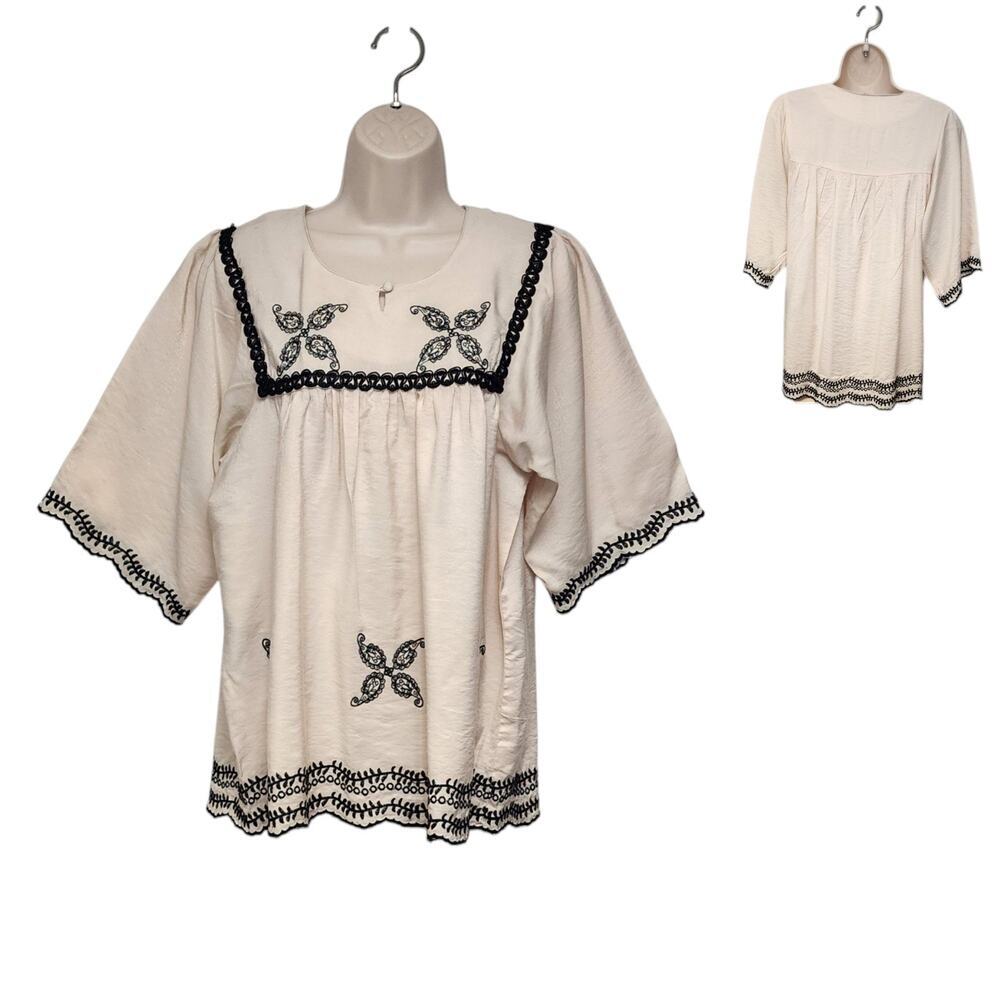 Ad:Hoc Le Collezioni Embroidered Square Neck Beige/Black 3/4 Sleeve Floral Sz L